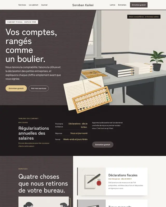Page d’accueil du thème Soroban Kaikei, un design pour la catégorie Conseiller fiscal