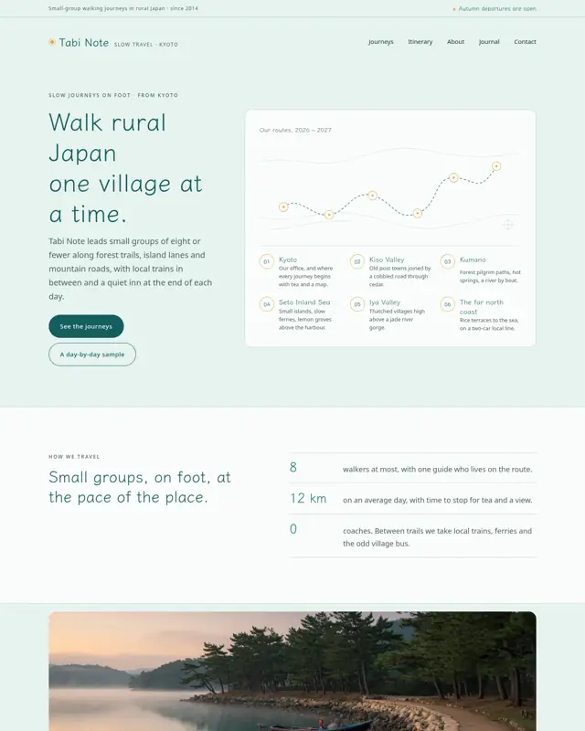 Home page of the Tabi Note theme, a design for a travel agency