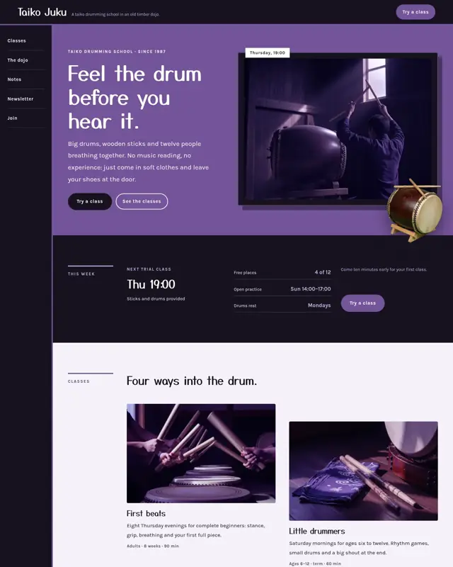 Home page of the Taiko Juku theme, a design for a taiko drumming school