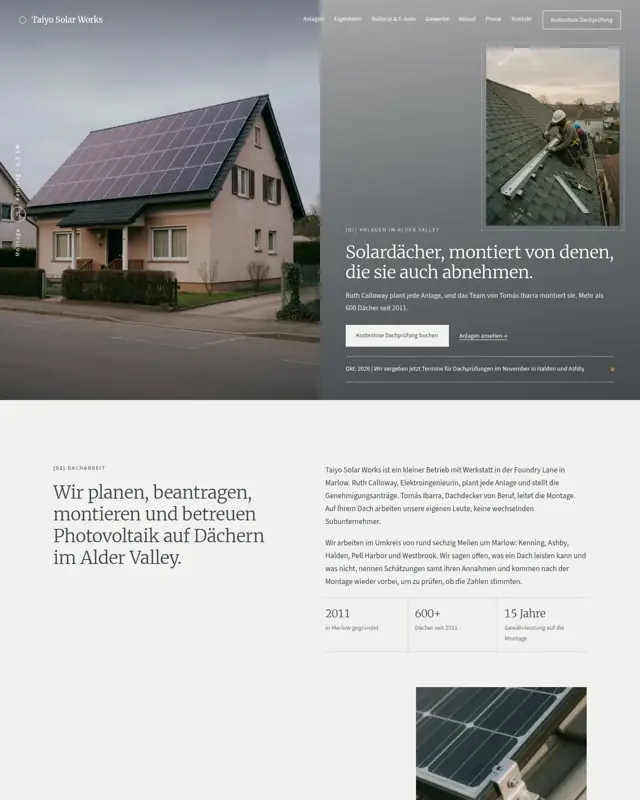 Startseite des Themes Taiyo Solar Works, ein Design für die Branche Solarinstallateur