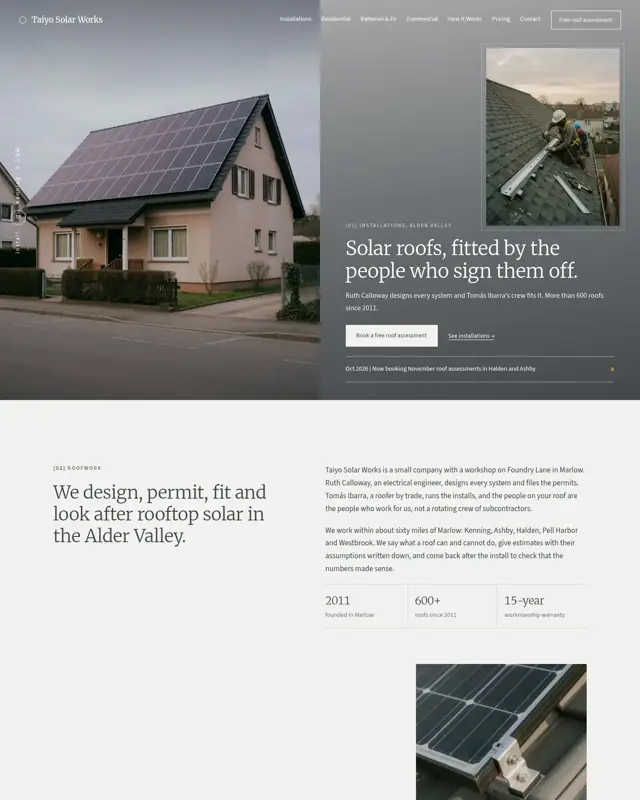 Home page of the Taiyo Solar Works theme, a design for a solar installer