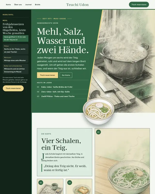 Startseite des Themes Teuchi Udon, ein Design für die Branche Udon-Laden mit Handarbeit