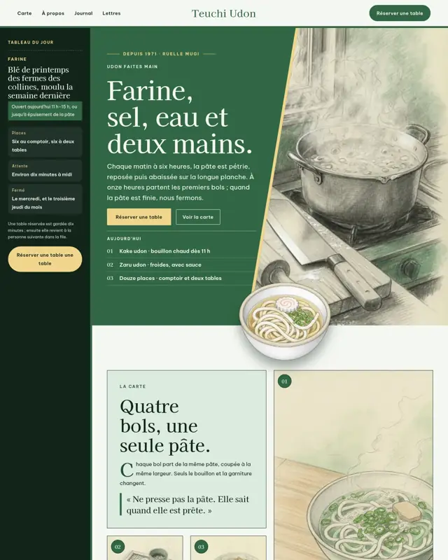 Page d’accueil du thème Teuchi Udon, un design pour la catégorie Échoppe d’udon faites main