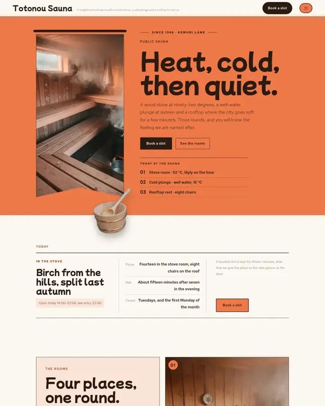 Home page of the Totonou Sauna theme, a design for a public sauna