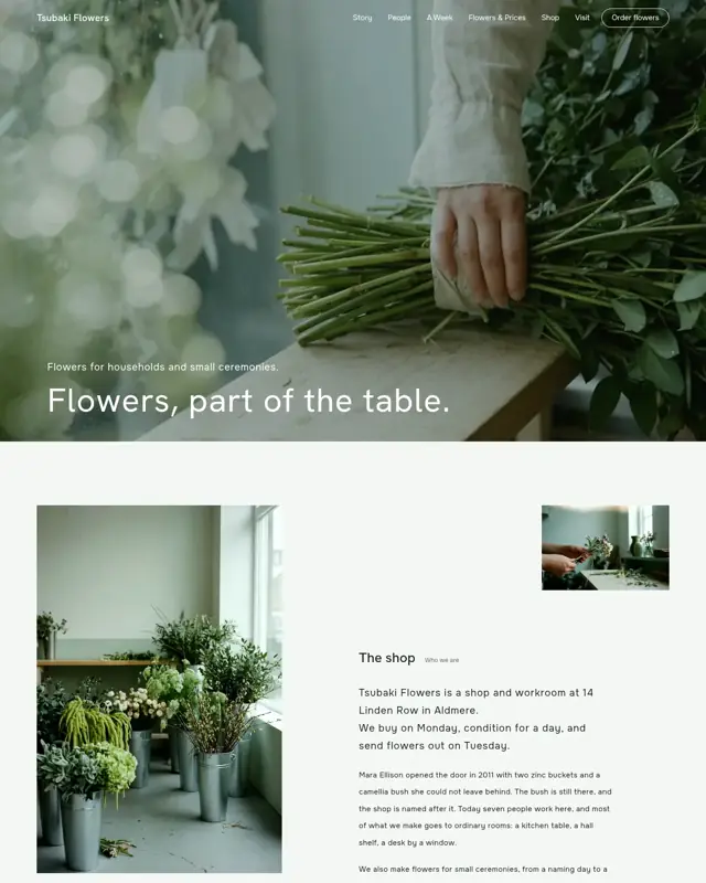 Home page of the Tsubaki Flowers theme, a design for a florist shop
