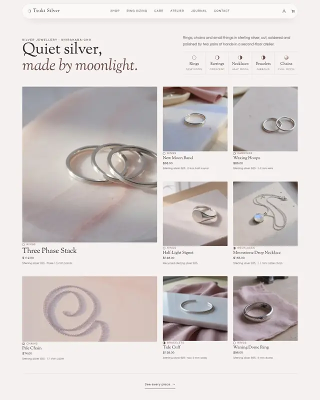 Home page of the Tsuki Silver theme, a design for a silver jewellery