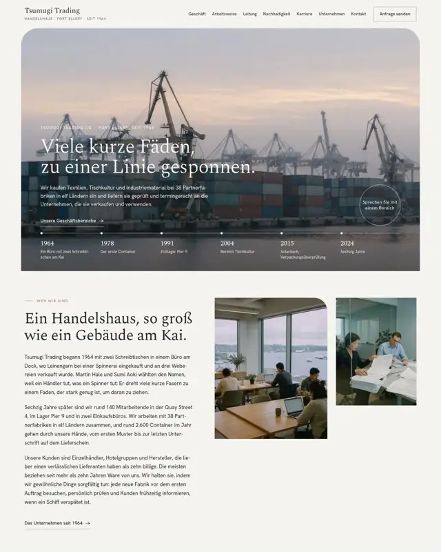 Startseite des Themes Tsumugi Trading, ein Design für die Branche Handelshaus