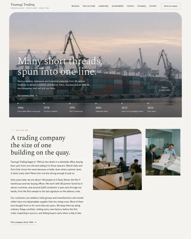 Home page of the Tsumugi Trading theme, a design for a trading company