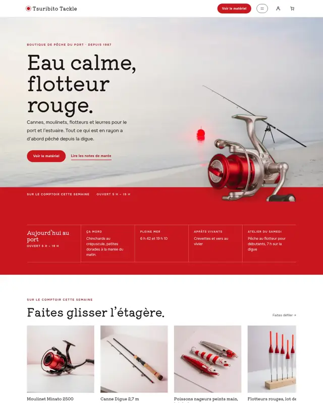 Page d’accueil du thème Tsuribito Tackle, un design pour la catégorie Magasin d’articles de pêche