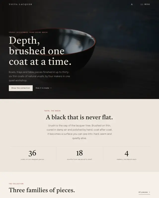 Home page of the Tsuya Lacquer theme, a design for a lacquerware