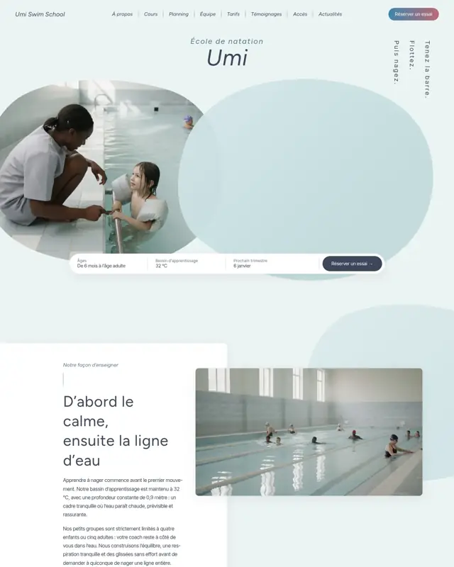 Page d’accueil du thème Umi Swim School, un design pour la catégorie École de natation