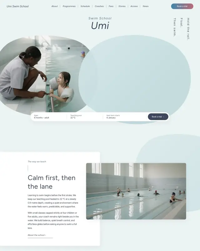 Home page of the Umi Swim School theme, a design for a swimming school