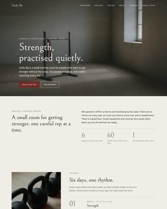 Home page of the Undo Ba theme, a design for a gym / strength studio