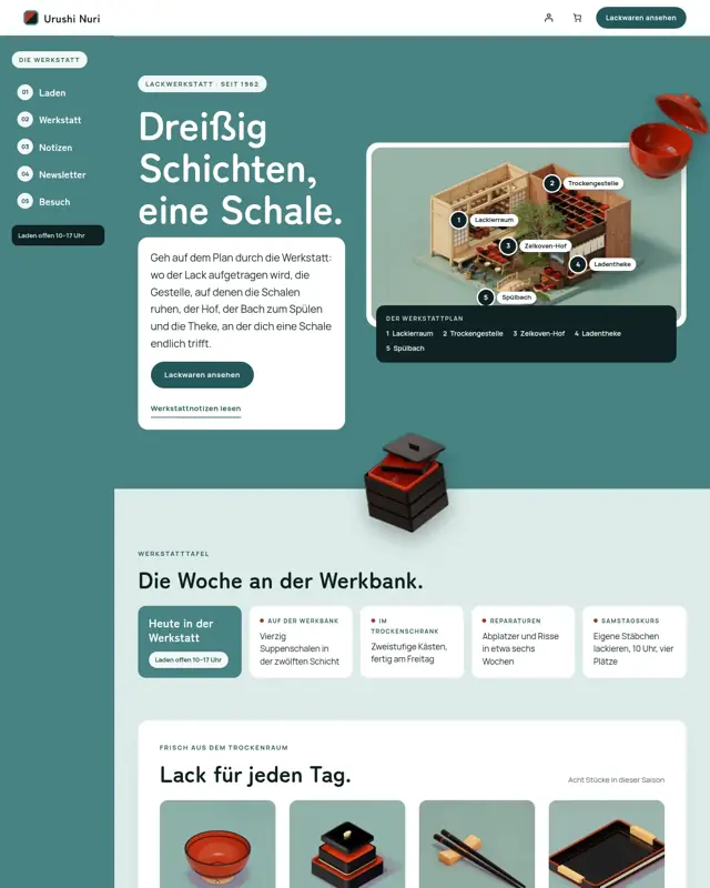 Startseite des Themes Urushi Nuri, ein Design für die Branche Urushi-Lackwerkstatt