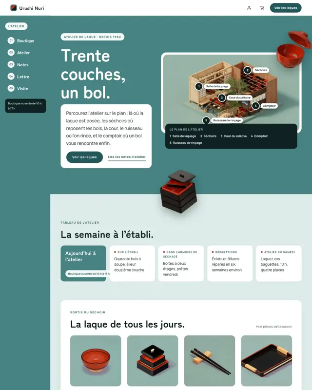 Page d’accueil du thème Urushi Nuri, un design pour la catégorie Atelier de laque urushi