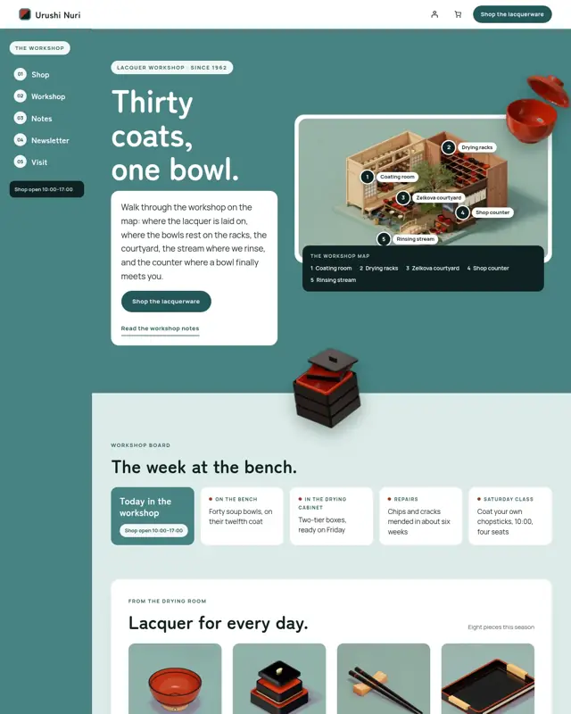 Home page of the Urushi Nuri theme, a design for a urushi lacquerware workshop