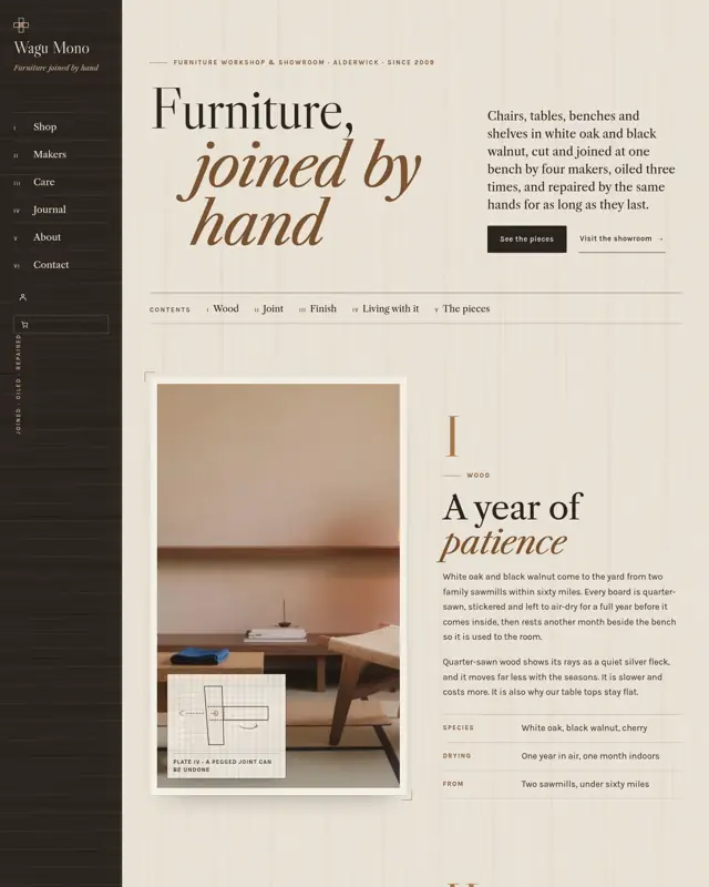 Home page of the Wagu Mono theme, a design for a furniture store
