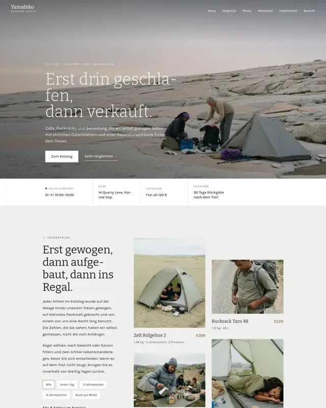 Startseite des Themes Yamabiko Outdoor Supply, ein Design für die Branche Outdoor-Ausrüstungsgeschäft