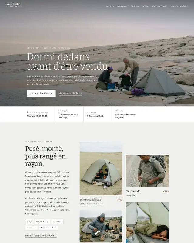 Page d’accueil du thème Yamabiko Outdoor Supply, un design pour la catégorie Magasin d’équipement outdoor