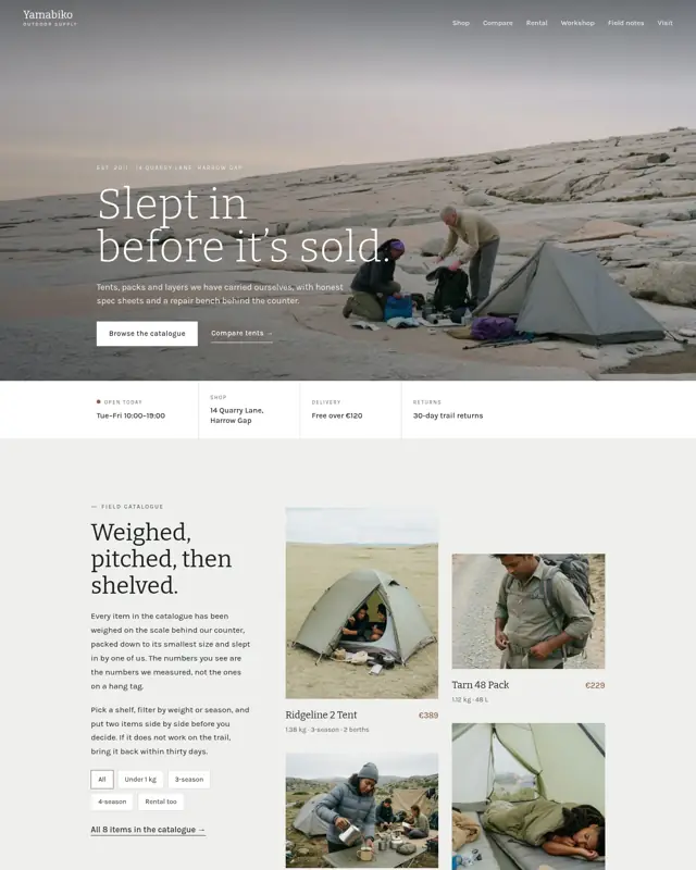 Home page of the Yamabiko Outdoor Supply theme, a design for a outdoor gear store