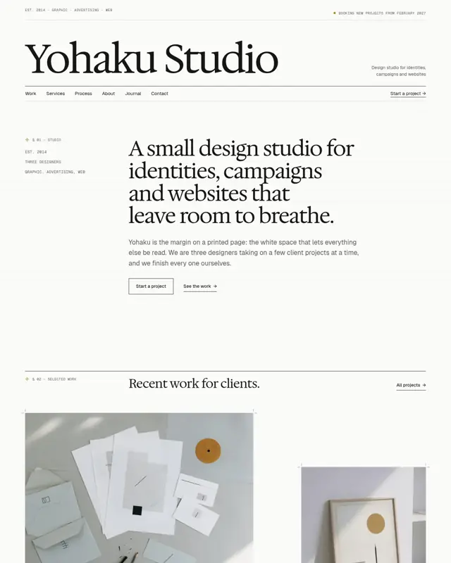 Home page of the Yohaku Studio theme, a design for a design studio / freelance