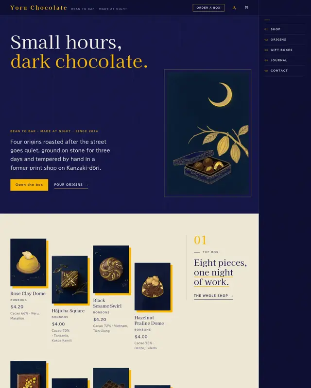 Home page of the Yoru Chocolate theme, a design for a chocolatier