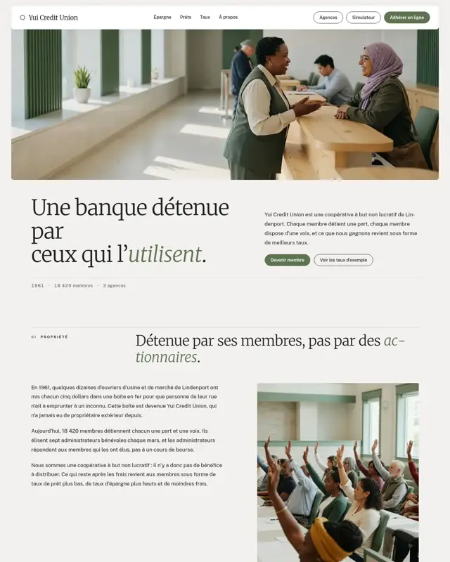 Page d’accueil du thème Yui Credit Union, un design pour la catégorie Caisse de crédit