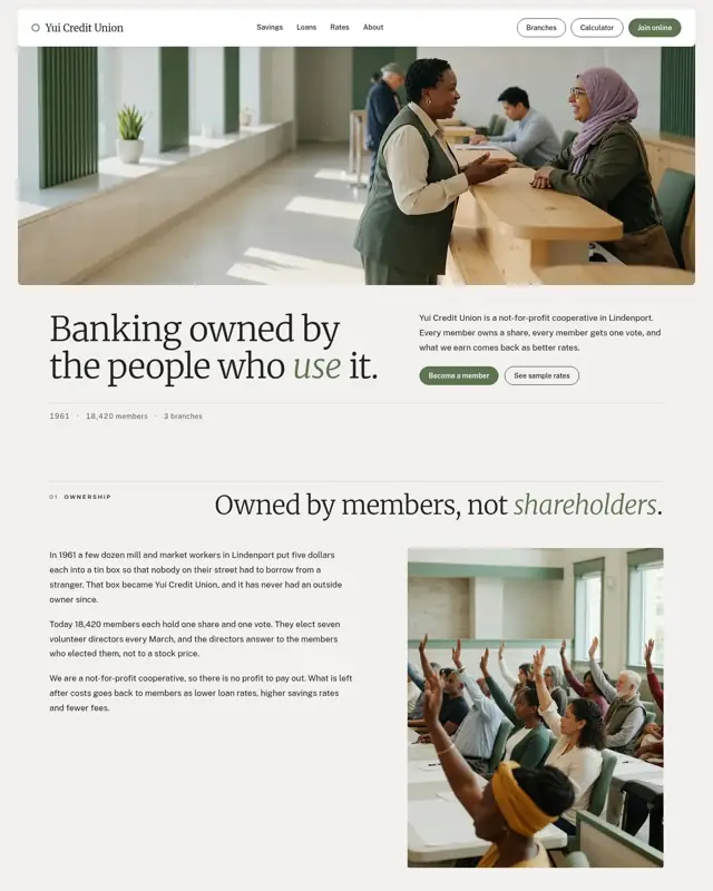 Home page of the Yui Credit Union theme, a design for a credit union