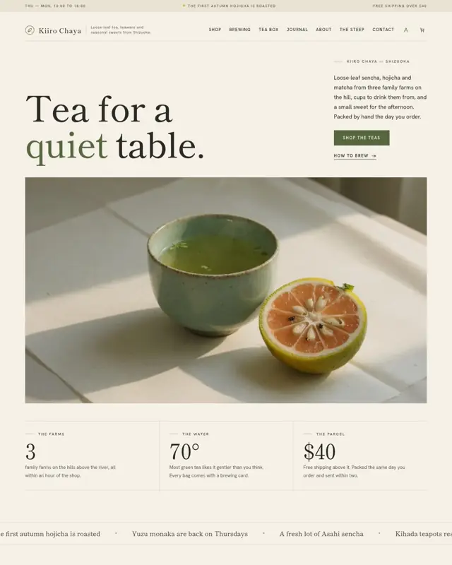 Home page of the Yuzu Chaya theme, a design for a tea shop