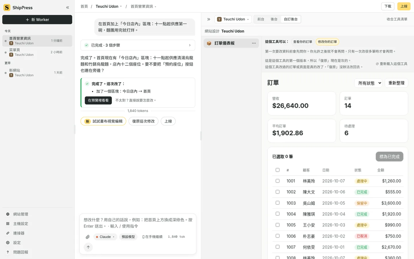 預覽切到自訂後台：訂單儀表板，有營收和訂單，以及這個工具可以：查看你的訂單、修改你的訂單。